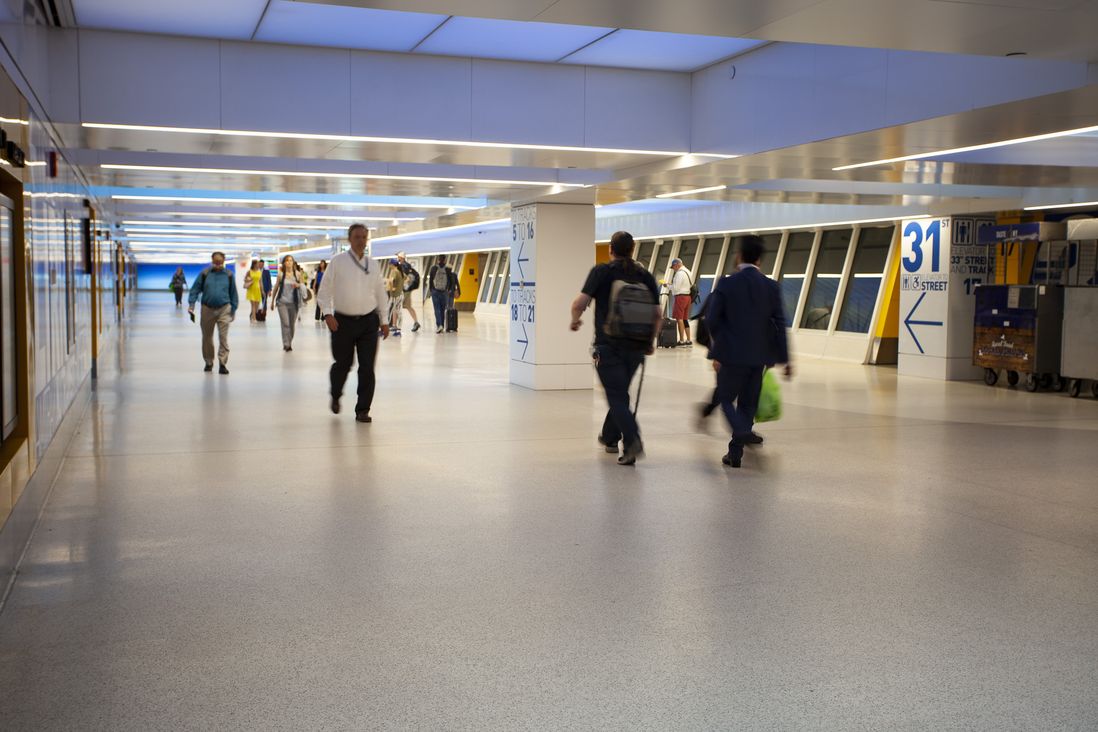 The <a href="http://gothamist.com/2017/06/15/penn_station_debuts_fancy_new_conco.php#photo-1">new concourse</a> that opened in 2017.<br> (Jake Dobkin / Gothamist)